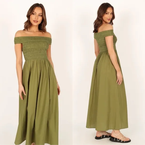 Petal & Pup Tessa Off Shoulder Midi Dress in Green - Image 3