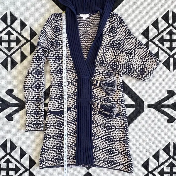 Anthropologie Fiets Voor2 Wool Blend Hooded Tassel Cardigan Sweater in Navy Beige Medium - Image 9