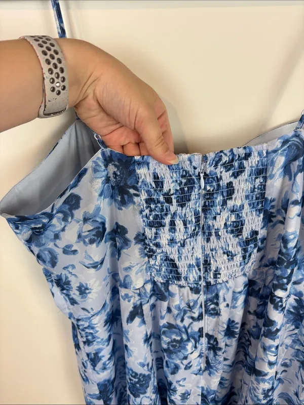 Abercrombie & Fitch Camille Satin Midi Dress Women’s Size XL Blue Floral Slit - Image 10