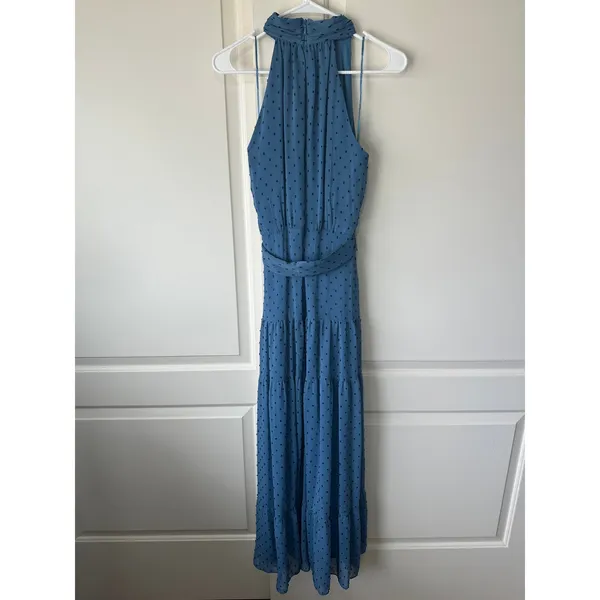 Taylor Womens Maxi Dress Blue Polka Dot Swiss Halter‎ Neck Belted Sleeveless 6 - Image 3