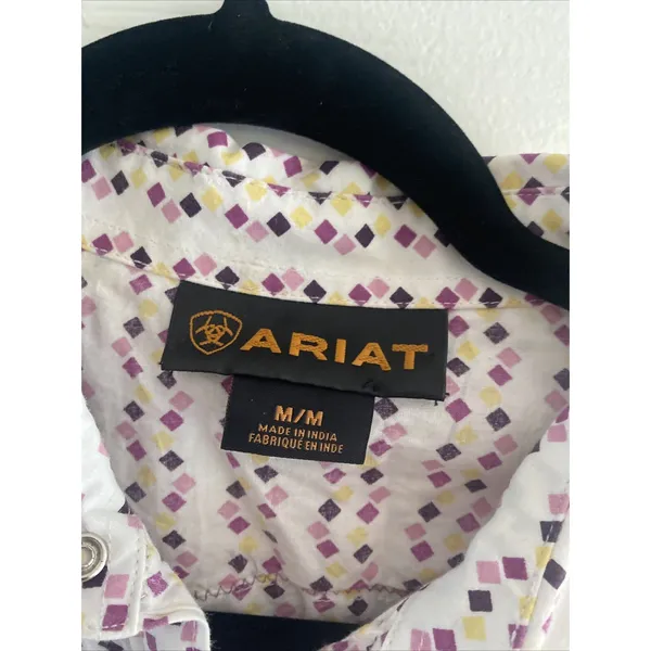 Ariat Western Pearl Snap Shirt Womens M Purple Yellow Diamond Print Cotton Top - Image 6