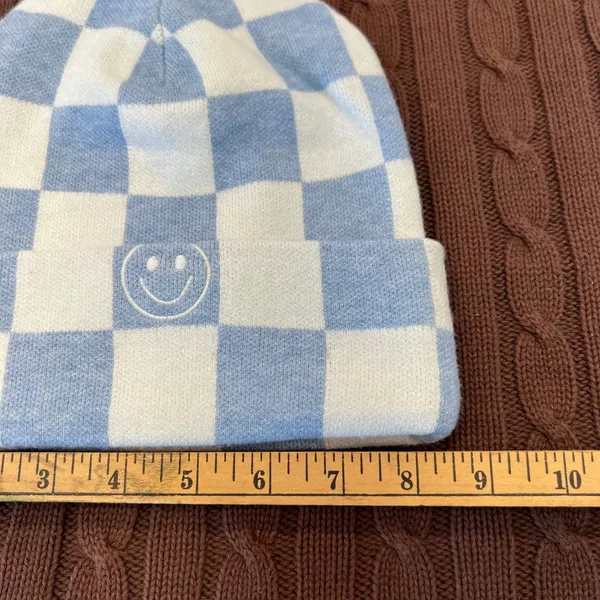 Checkered Smiley Face Beanie Light Blue White‎ Knit Cuff Hat RN 75343 One Size - Image 4