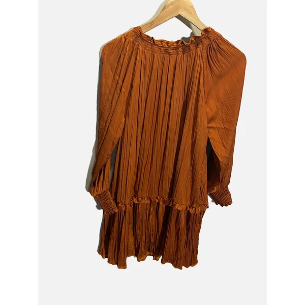 Anthropologie Pleated Mini‎ Dress Giulia XS Orange Ruffle Tiered Boho Fall - Image 6