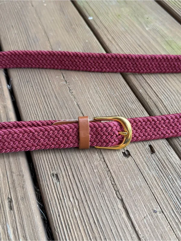 Burgundy Wine Braided Stretch Belt Gold Buckle Tan Leather Trim 45” - Image 4
