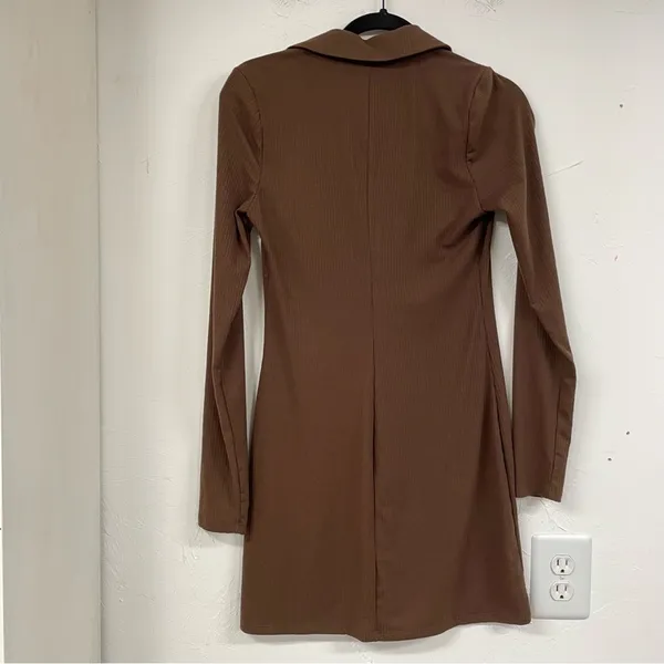 AFRM Brown Ribbed Long Sleeve Button Down Shirt Dress Mini Womens S Preppy Fall - Image 10