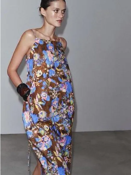 NWT Zara Floral Midi Apron Cotton Brown Dress Sz L - Image 5