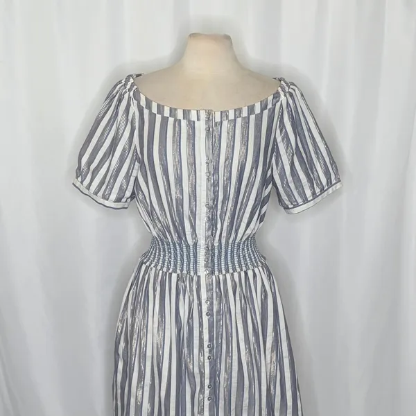 Anthropologie SEEN WORN KEPT Jenna Lurex Stripe Dress Blue White‎ Midi Size 12 - Image 3