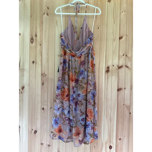 NWT Lulus Danelle Taupe Floral Halter A-Line Midi Dress Wedding Bridesmaid Sz L - Image 4