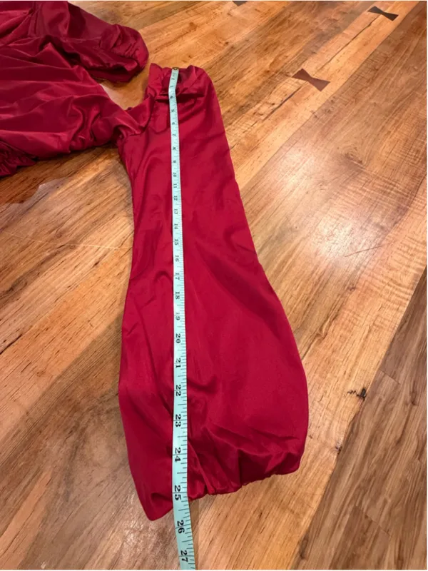 Oh Polly Mini Dress Red Satin Ruched Square Neck Puff Sleeve Cocktail Size 8 M - Image 12