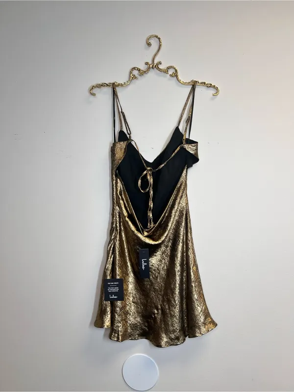 Lulu's Shimmery Satin Gold Cowl Back Slip Dress - Image 7