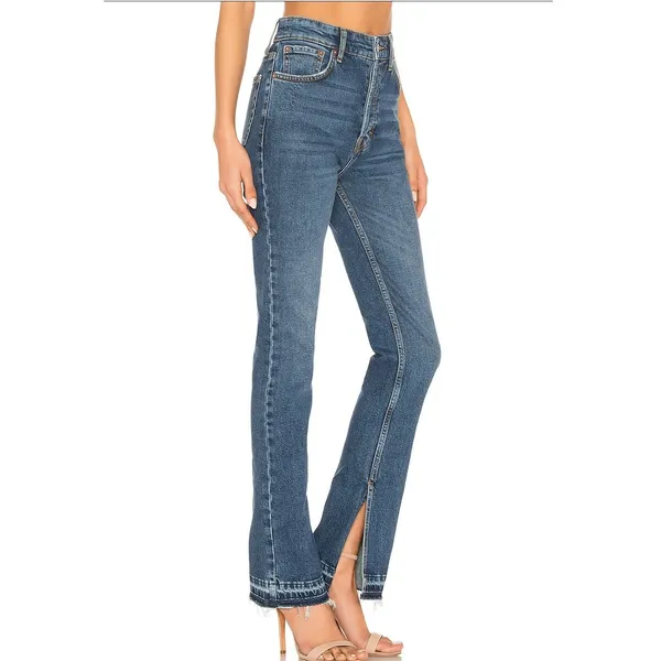 Free People Emmy Split Hem Boot Cut Jeans Size 31 Blue High Rise Raw Hem Boho - Image 2