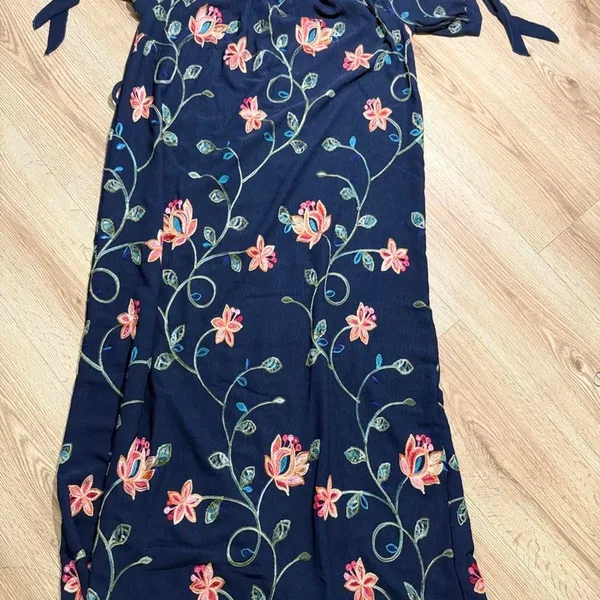 Seven Islands Floral Embroidered Navy Maxi Dress Off Shoulder Boho Blue Large‎ - Image 2