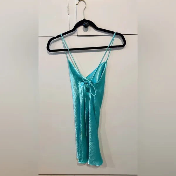 RESA Satin Mini Dress Teal Blue Slip Dress Cowl Neck Back Tie Party Date Night - Image 6