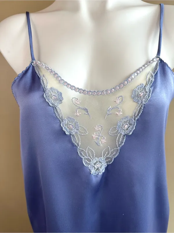 Vtg Cinema Etoile Purple Satin Chemise Slip Dress Floral Embroidered S 80s 90s - Image 3