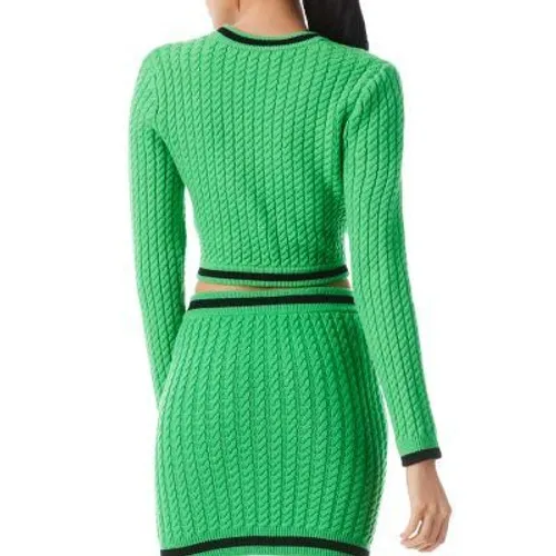 Alice + Olivia Jenae Cable Knit Cardigan S Preppy Twee Crop Green Wool Sweater - Image 2