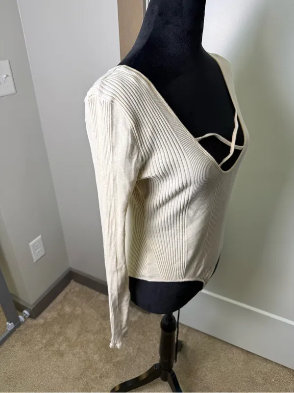 Aerie Cream‎ Off White Ribbed Bodysuit Strappy Criss Cross Casual Stretch Lg - Image 2