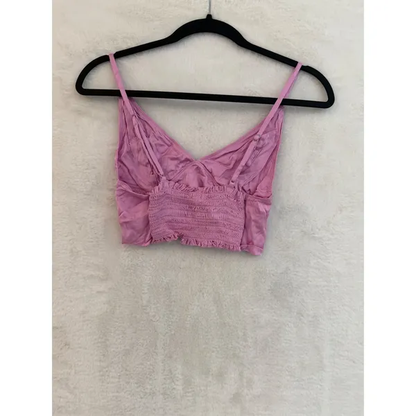 Aerie Pink Satin Smocked Back Crop Top Womens Size M V-Neck Bralette Cami - Image 5