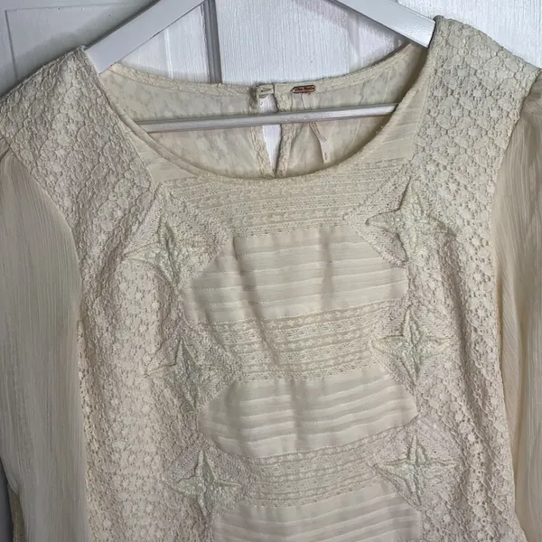 Free People Leigh Ivory Chiffon Lace Bohemian Dress Long Sleeve W-599 Sz S - Image 6