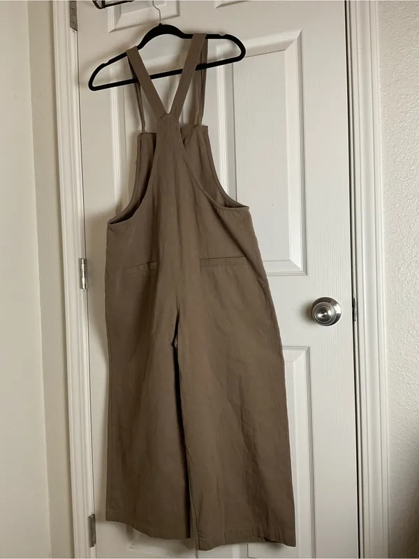 Miou Muse Taupe Linen-Blend Wide-Leg Overalls - Size M Women’s - Image 9