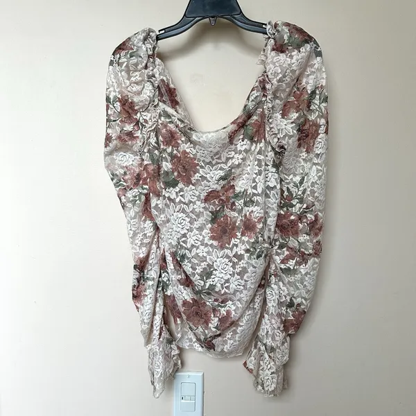 Anthropologie Top XL Sheer Long Sleeve Pullover Stretchy Floral Ruffle Coquette - Image 2