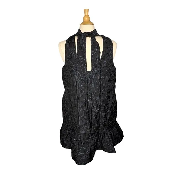 Scoop Mini Dress Women Large Black Blue Metallic‎ Floral Jacquard Mock Neck Tie - Image 14