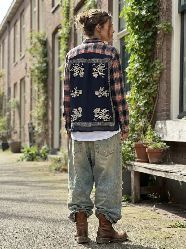 Free People Behind The Flannel Plaid & Floral Bandana Mixed Media Button Down - Image 15