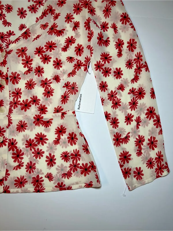 Reformation Jemma Top Daisy Days size 2 Cream Blouse with Red Daisy Print - Image 4