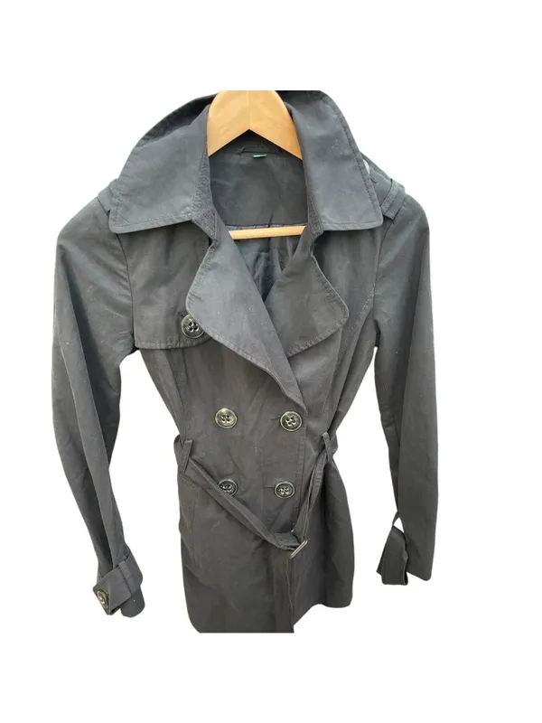 Y2K United Colors of Benetton Black Trench Coat M Minimalist Belted Jacket - Image 3