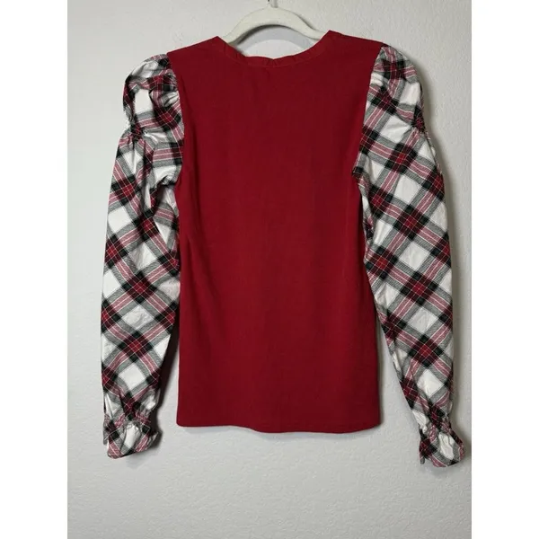 LOFT Women’s Ribbed Henley Red Plaid Mixed Media‎ Puff Shirred Ruffle Sleeves S - Image 6