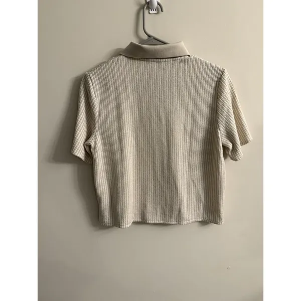 Linea Moda Italy Beige Button Down Knit Shirt M Glitter Thread‎ Short Sleeve - Image 6