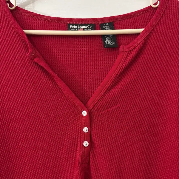 Polo Jeans Co Ralph Lauren Waffle Thermal Henley Top Womens L Preppy Layers Red - Image 4