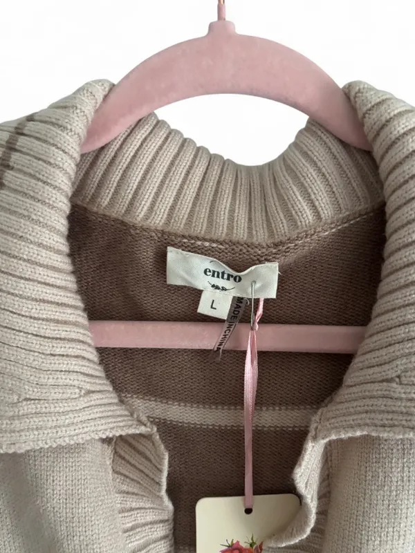 Entro Striped Collared Pullover Sweater Beige & Brown Polo Collar Knit Top Sz L - Image 4