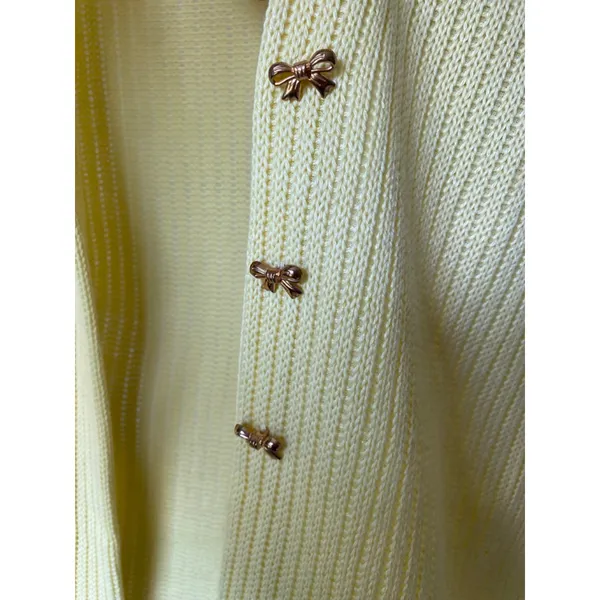 Shein Knit Cardigan Pale Butter Yellow Bow Button Top Coquette Light Academia XL - Image 4