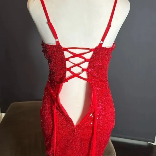 Women’s Red Sequined Short Homecoming Party Dress Ruffle Hem Corset Back Size 2 - Image 7