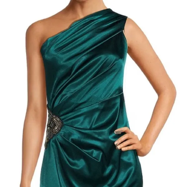 ELIZA J One Shoulder Sleeveless Satin Beaded Sheath Dress Hunter Green Size 8 - Image 3