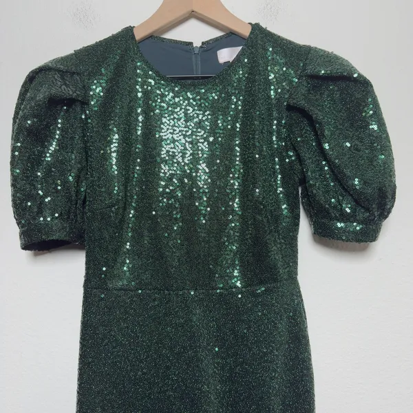 Rachel‎ Parcell Women Party Event Dress XXS Green Sequins Holiday Puff Sleeve - Image 4