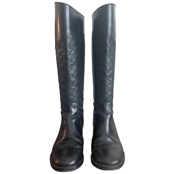 Tory Burch Claremont Quilted Leather Riding Boots Black Gold Logo 8.5 - Image 2