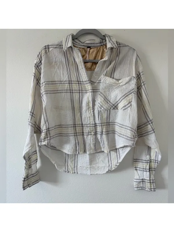 Free People Cutie Plaid Button Down Cream and yellow size small - Image 3
