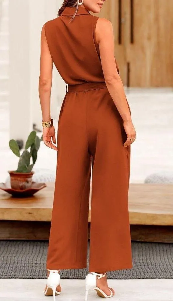 NEW Jumpsuit Dressy Casual Sleeveless Button Up Belted L - Image 2