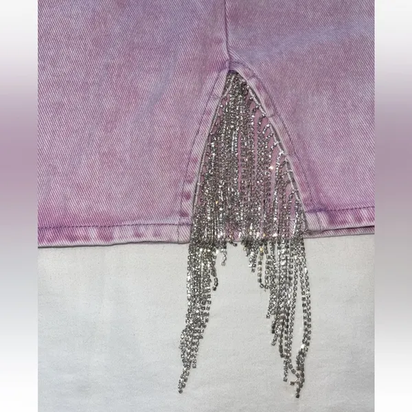 Sparkle Rhinestone Fringe Pink Denim Mini Skirt. Women’s Large-High Waisted - Image 2