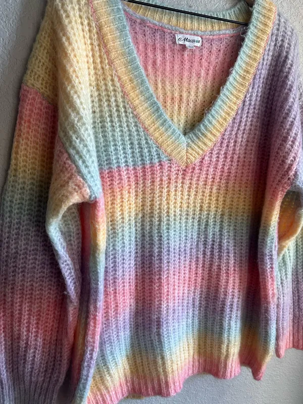 Beginning Boutique Rainbow Colorful Knit V-Neck Sweater - Image 2