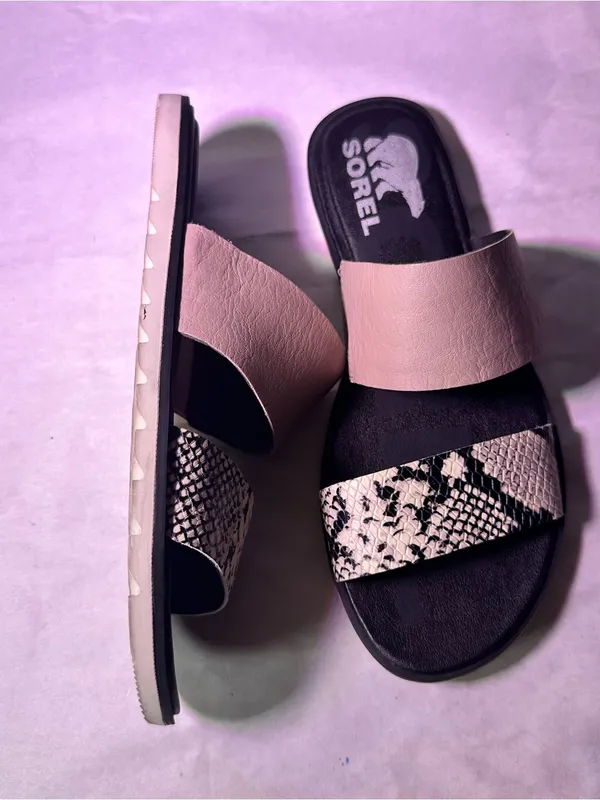 Sorel Two-Band Slide Sandals in Pink and Black Snake Print - Image 5