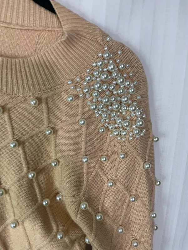 Women's Pearl Embellished Knit Sweater Beige Mock Neck Long Sleeve S/M - Image 5