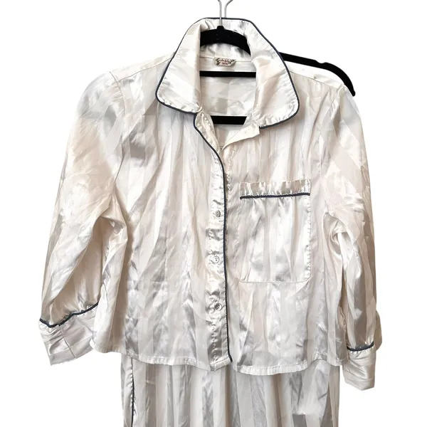 FREE PEOPLE Satin Striped Wide Leg‎ Pajama Set White Small - Image 3