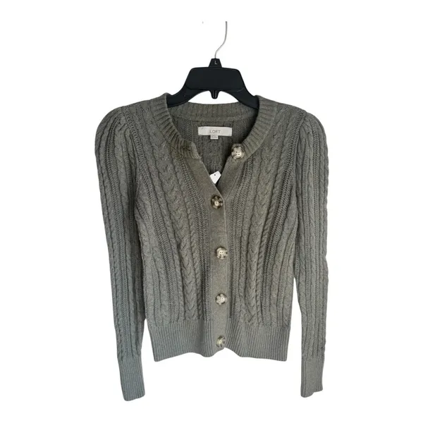 NWT LOFT Green Button-Up Cable Knit Preppy Cardigan Sweater Cotton Wool Blend - Image 2
