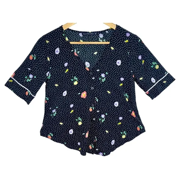 Abercrombie & Fitch Black Polka Dot Floral Button Front Blouse Top Women Size XS - Image 2