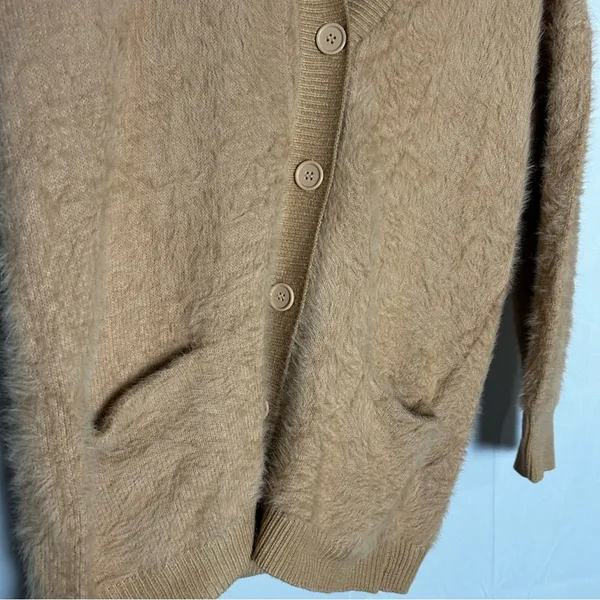 Tahari Camel Fuzzy Long Sleeve‎ Oversized V Neck Button Front Cardigan Sweater - Image 4