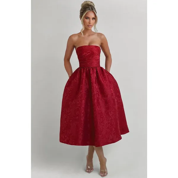NWT Babyboo Saoirse Red Floral Jacquard Strapless Fit & Flare Midi Dress Size S - Image 7