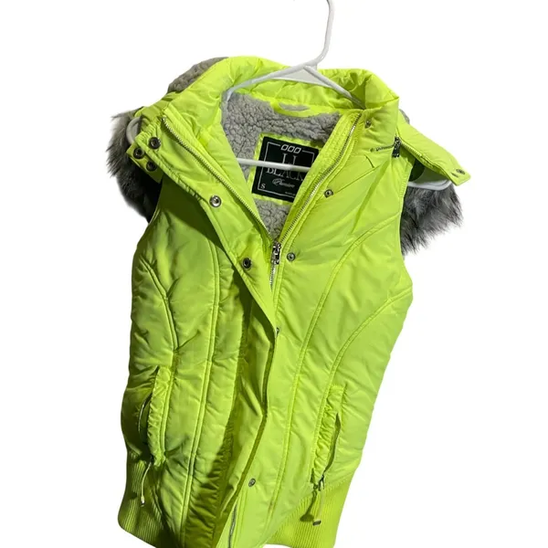 LJ Black Premium Womens Vest S Neon Yellow‎ Faux Fur Hood Winter - Image 2