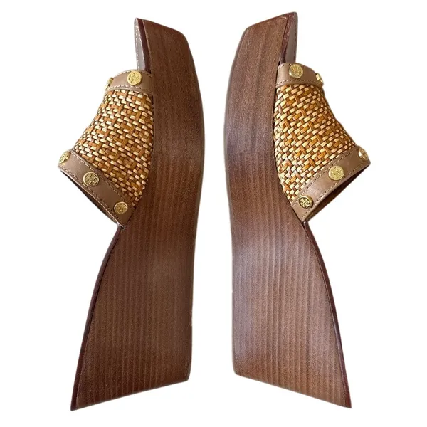 Tory Burch Joanie Straw Wedge Slides Tan‎ Studded 9.5 Boho - Image 8